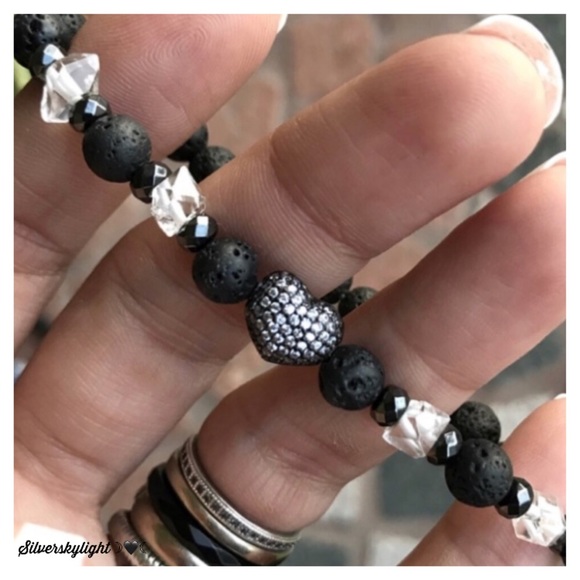 Silverskylight Jewelry - Crystal heart bracelet . Genuine Herkimer Diamonds lava rock cz heart bracelet